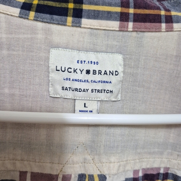 🍁Lucky Brand Men's Pink and Black Plaid Button-Down Shirt – Size L - Picture 3 of 5